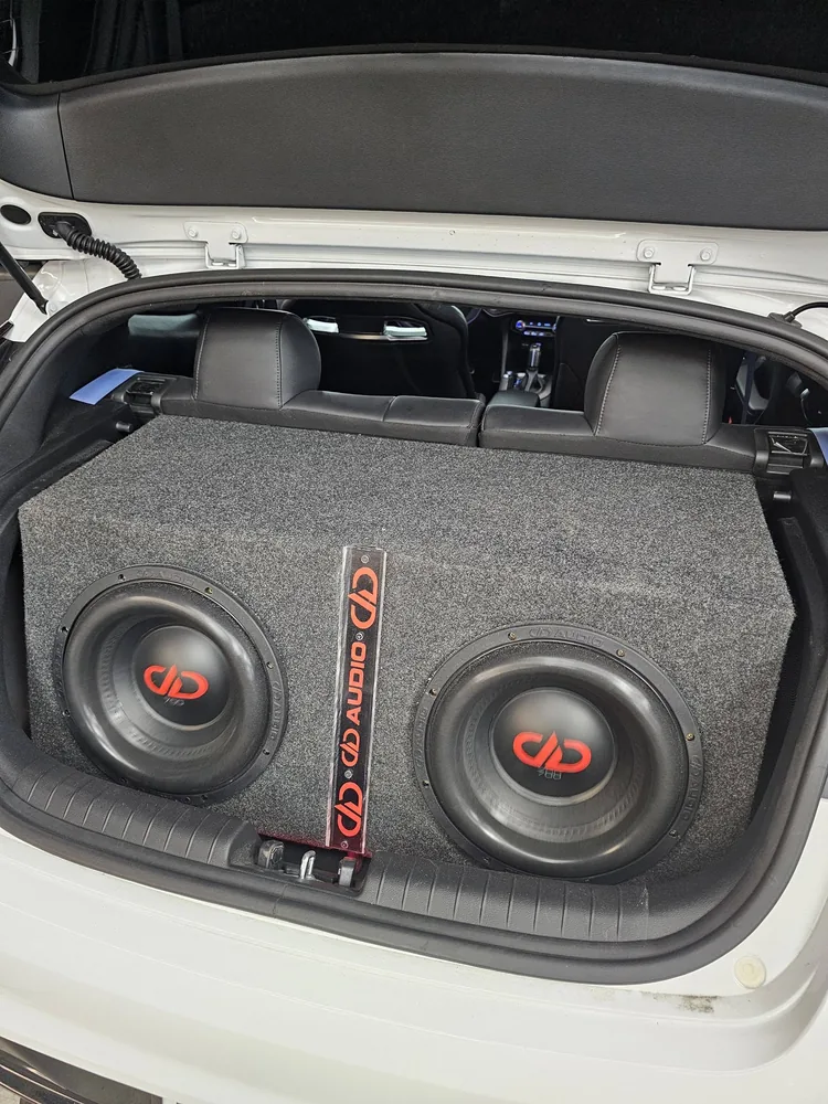 Dual DD Audio subwoofers in custom hatchback enclosure